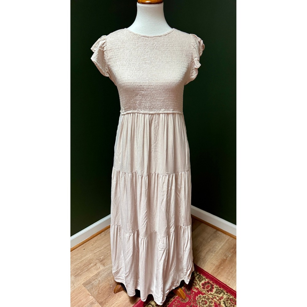 MEROKEETY Smocked Bodice‎ Short Sleeve Tiered Beige Maxi Dress Women's Large
